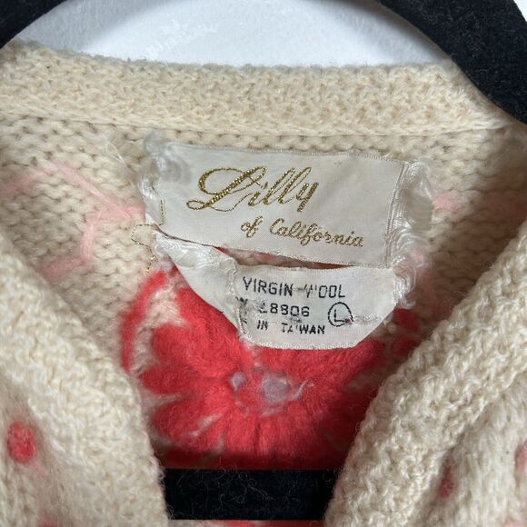 VTG Lilly of California Wool Cardigan Sweater Cream Floral Hippie Women's Large - Picture 3 of 7